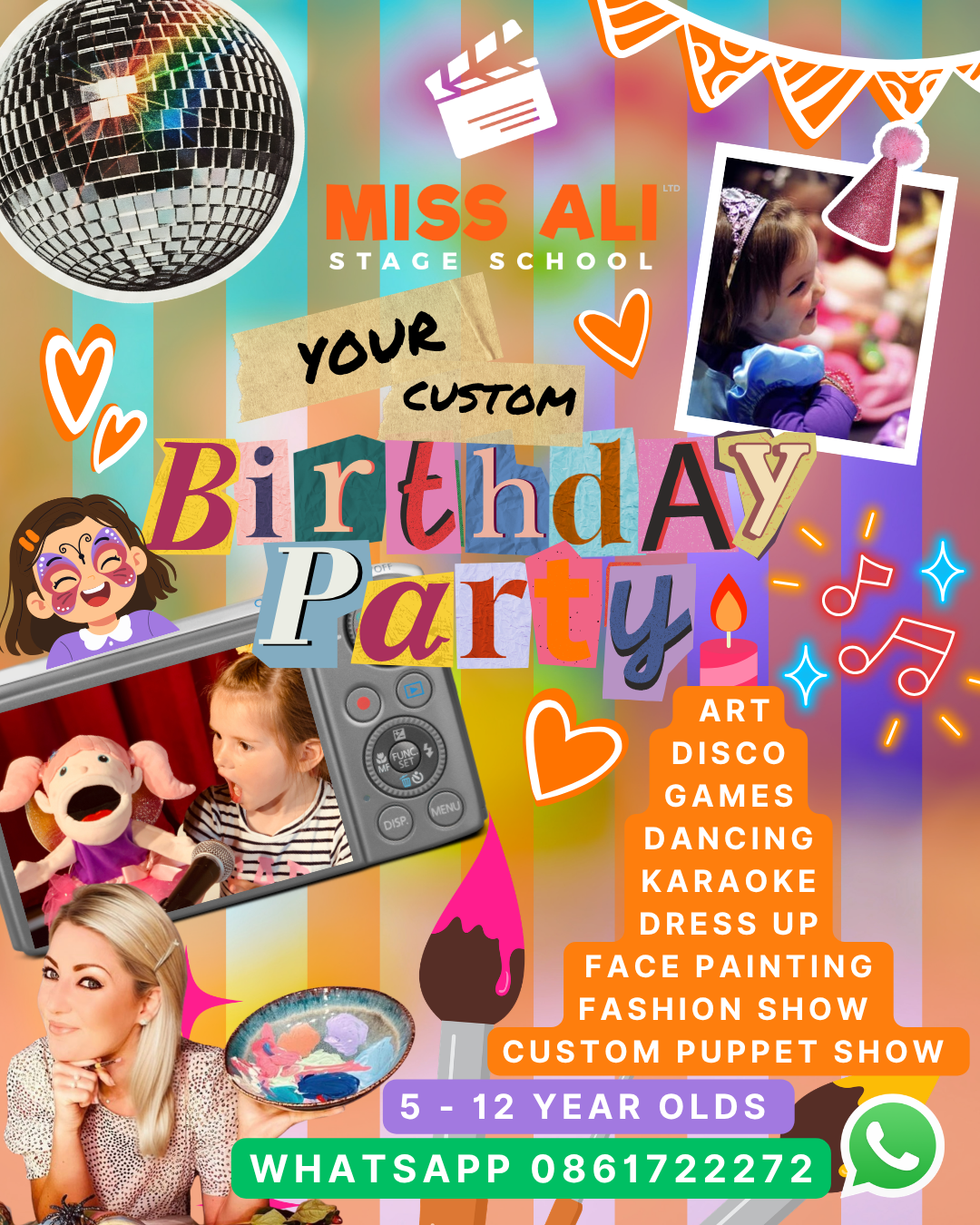 Miss Ali birthday party poster for ages 5 to 12 listing art, disco, games, dancing, karaoke, dress up, face painting, fashion show and a custom puppet show